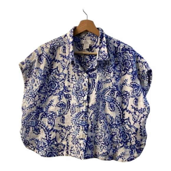 Caroline Constas Linen Blend Blue White Floral Crop Top Size L | Designer Summer - Picture 1 of 13
